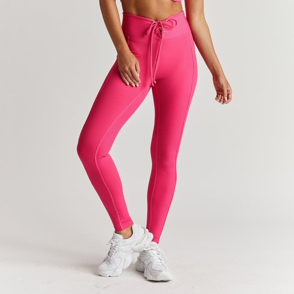 Year of Ours High-Waisted Lace-Up Football Leggings Ribbed Hot Pink XS - Picture 12 of 12